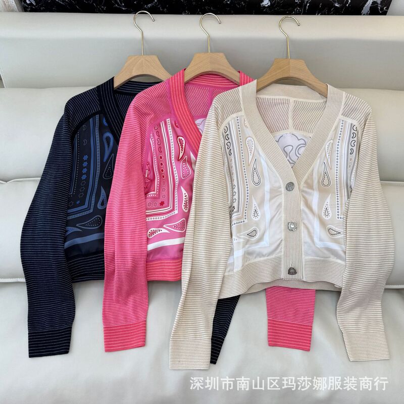 26 Early Spring New Style High-End Silk Positioning Print Patchwork Fine Wool Long-Sleeve Vintage Cardigan Knitwear