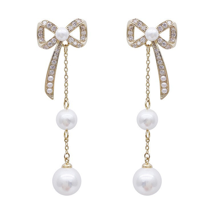 Simple Bowknot Pearl Tassel Long Style Earringspicture6