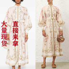 大量现货澳洲轻奢2025早秋复古印花灯笼长袖排扣收腰显瘦连衣裙