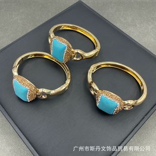 New ethnic style blue turquoise bracelet jade exquisite diamond fashion personality bracelet ring color preservation electroplating wholesale