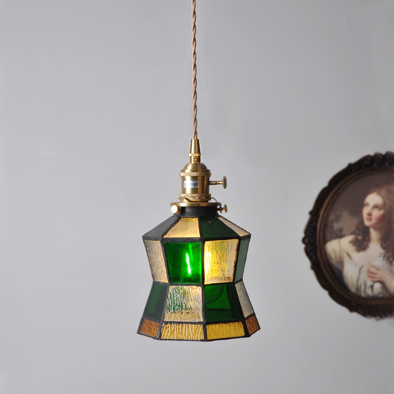 Japanese retro brass green glass ceiling lamp for living room, lights for bed