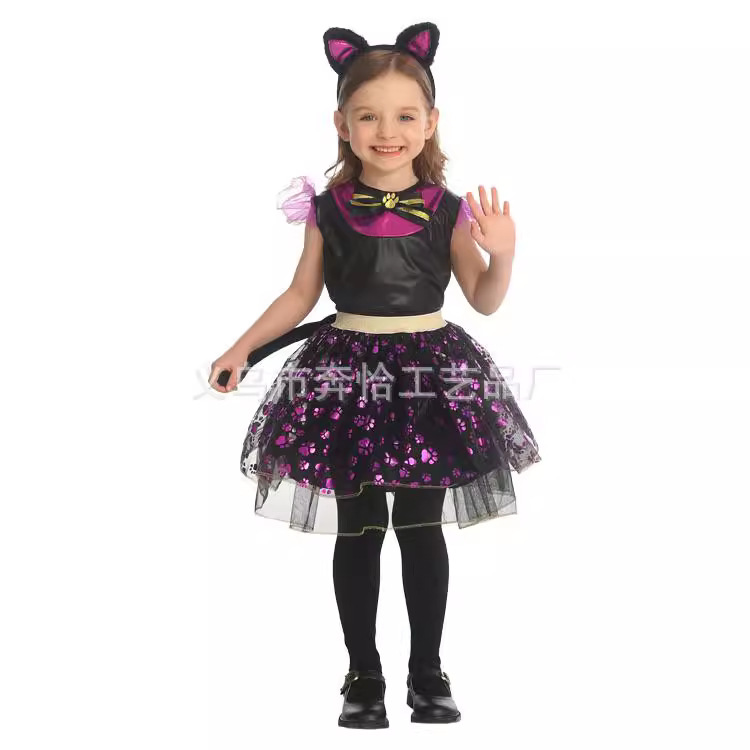 万圣节儿童黑猫女巫S-0059演出服服帽子化装舞会巫婆演出表演服