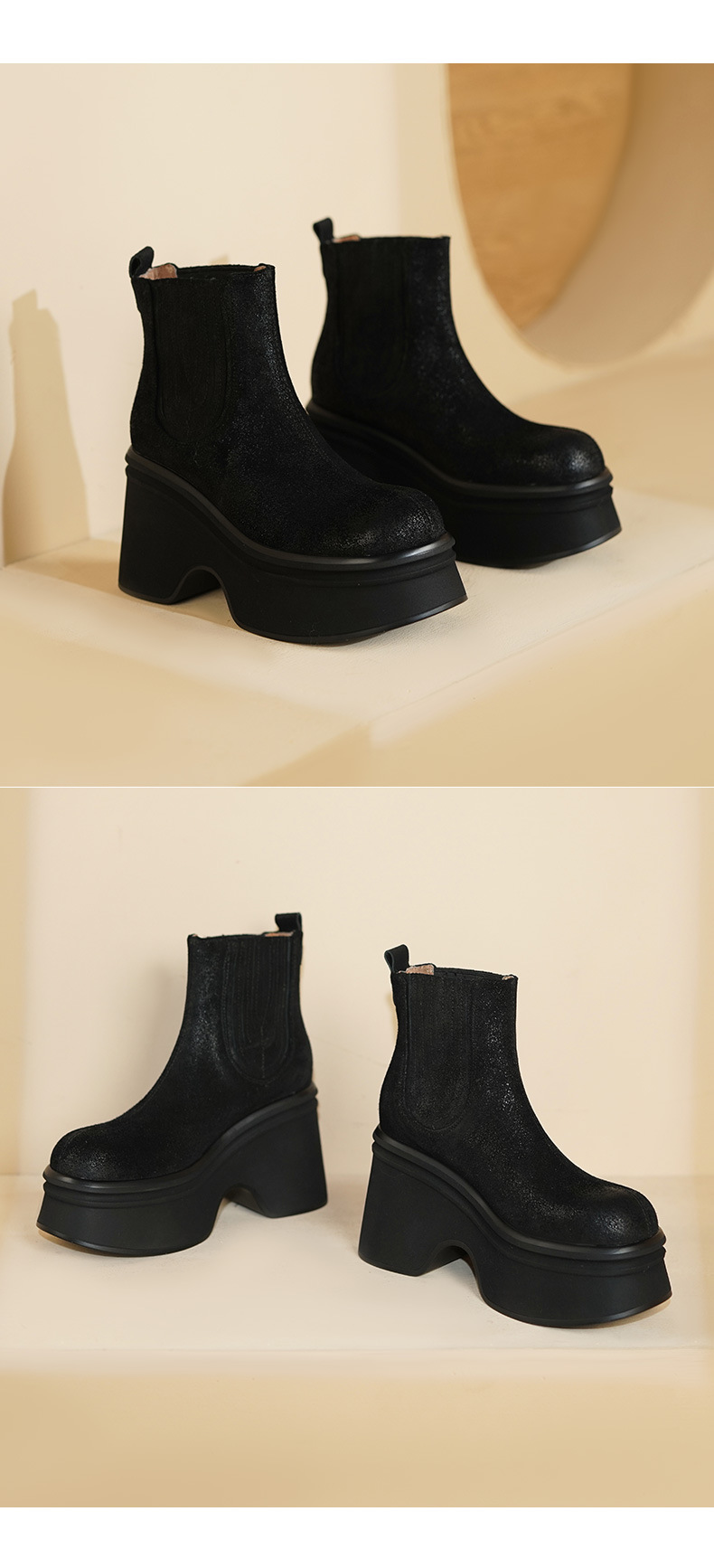 Giày boot Chelsea nữ cổ thun đế dày 10 cm chống nước mùa thu đông — đen, nâu sẫm chi tiết 10
