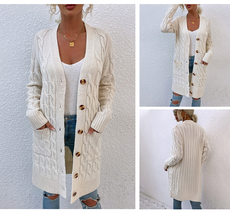 Button Twisted Rope Knitted Long Cardigan NSMMY98302