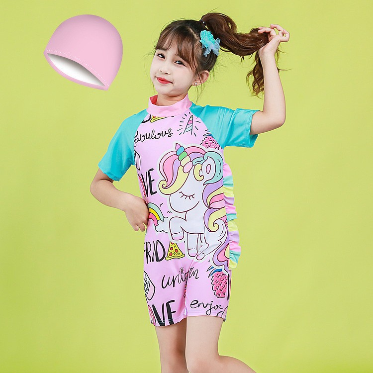 Traje de baño de una pieza para niñas, estilo caricatura, manga corta, pantalones cortos, traje de baño conservador con diseño patentado.