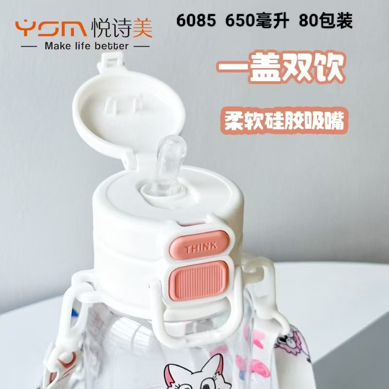 Yue Shimei nueva taza de plástico de dibujos animados de 650ml taza de agua de rebote de gran capacidad ajustable correa portátil taza de paja