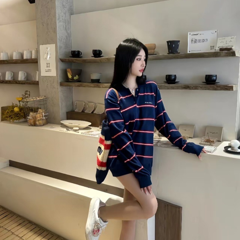 Miu系2025早秋新款藏青条纹字母刺绣翻领长袖上衣T恤男女POLO衫|undefined