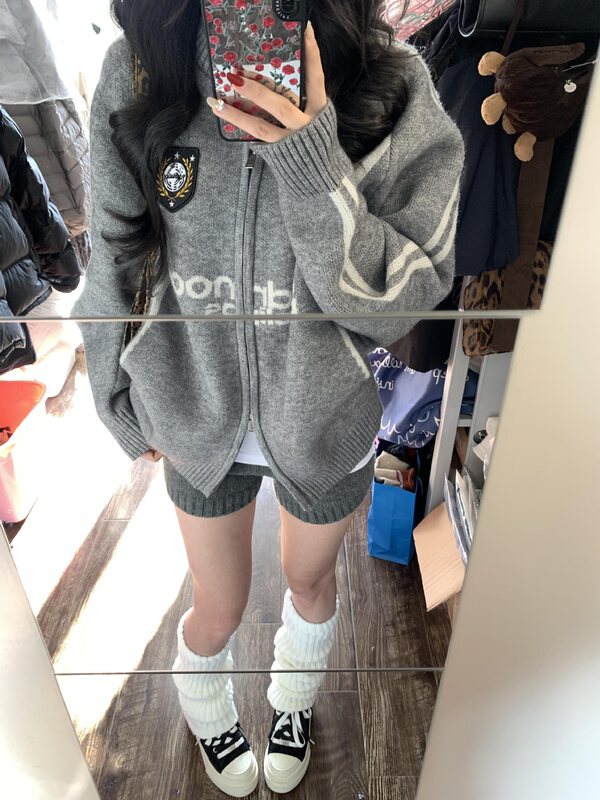 棒球风翻领拉链毛衣开衫外套女秋装新款慵懒风韩版宽松针织衫上衣|undefined