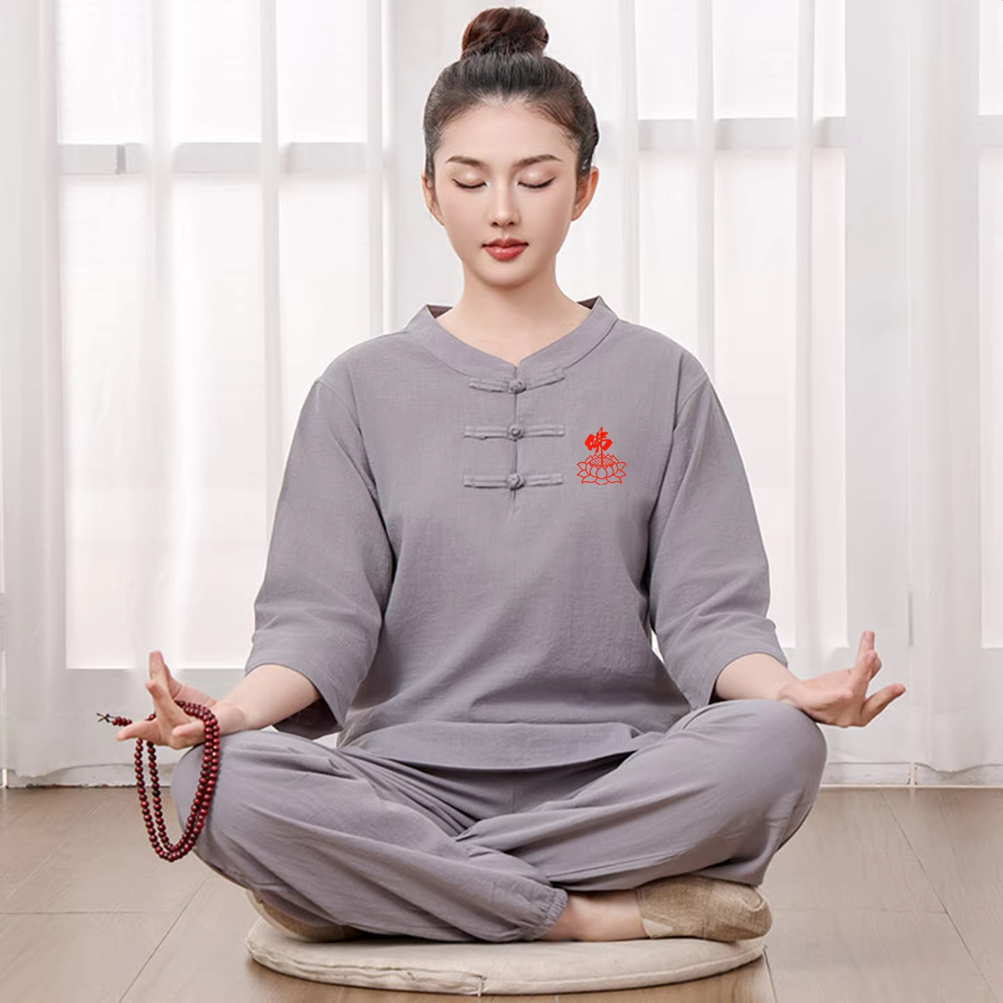 海青女居士服夏季中式棉麻套装寺院修行打坐辟谷冥想服装疗愈禅服