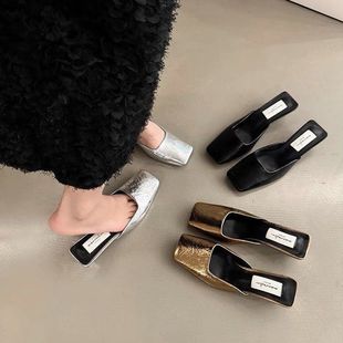 French Temperament Baotou Half Slippers Women's Spring and Summer 2025 New Square Head silver Fashion Late Night High Heel Women's Slippers