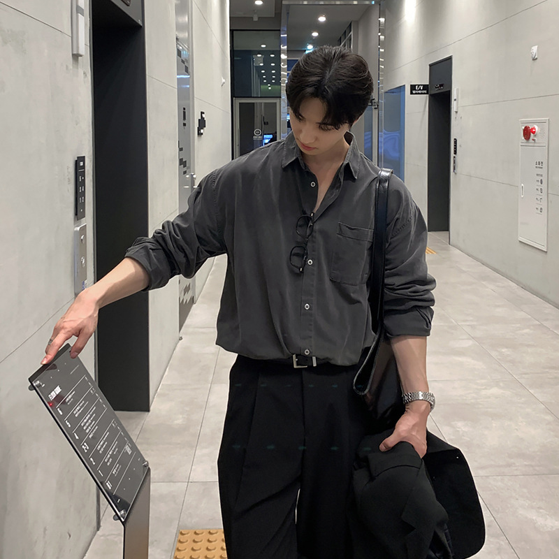 ASCLO韩版新款男装休闲帅气高级感宽松尖领衬衫潮流百搭打底衬衣|undefined