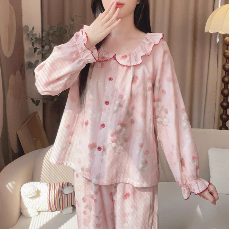 Doll Collar Ruffled Tulip Pajamas for Women, Spring and Autumn Cloud Cotton Long-Sleeve Set, Home Wear Pajamas for Women, Autumn and Winter Doll Collar Ruffled Tulip Pajamas for Women, Spring and Autumn Cloud Cotton Long-Sleeve Set, Home Wear Pajamas for Women, Autumn and Winter
