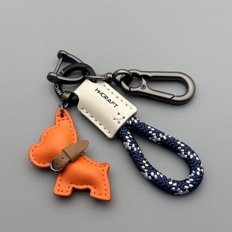 漫画かわいいフレンチブルドッグ子犬キーホルダーペンダント車のキーチェーンリング革手織りロープバッグペンダント|undefined