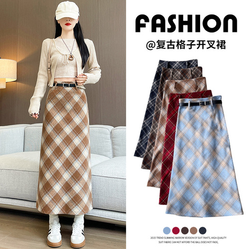 Woollen A-line maxi skirt, autumn-winter retro 2026 new style women's versatile high-waist slimming gingham semi-skirt