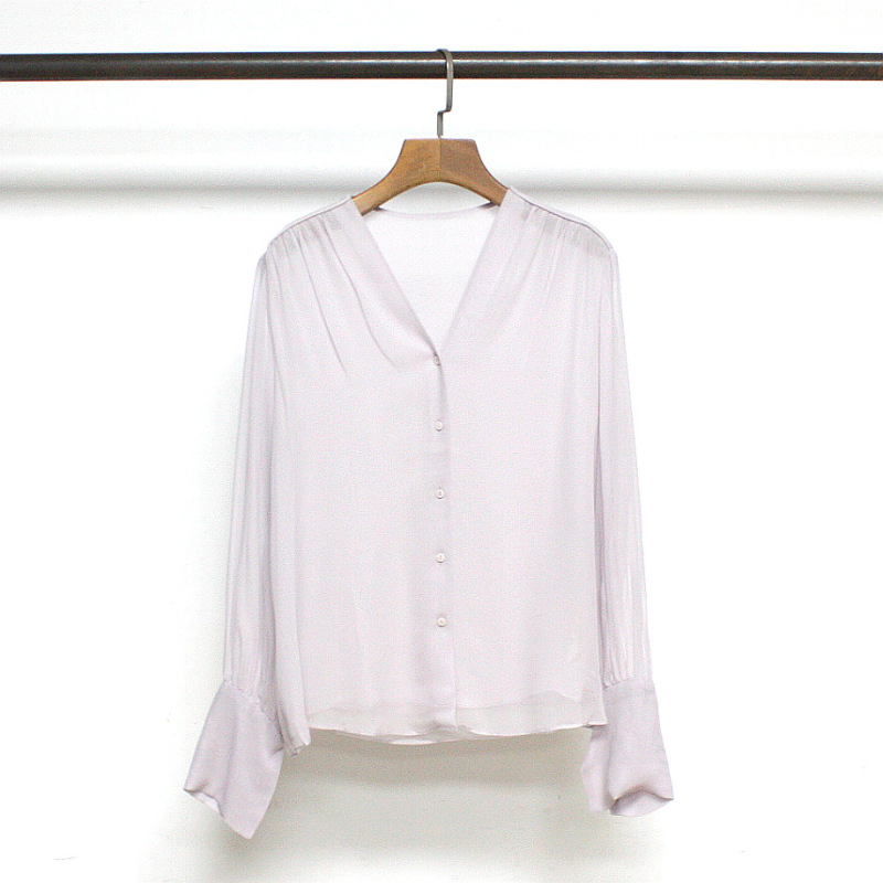 Spring/Summer 2023 New IC Silk Georgette Double-Layer Fanjia Shoulder Pleated V-Neck Mulberry Silk Top