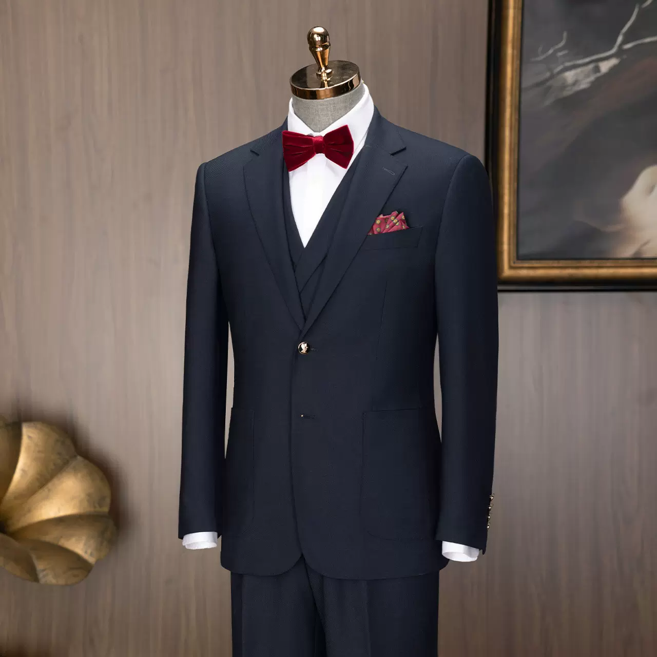 澳洲美利奴羊毛西服套装男商务藏青色新郎结婚礼服可机洗男士西装