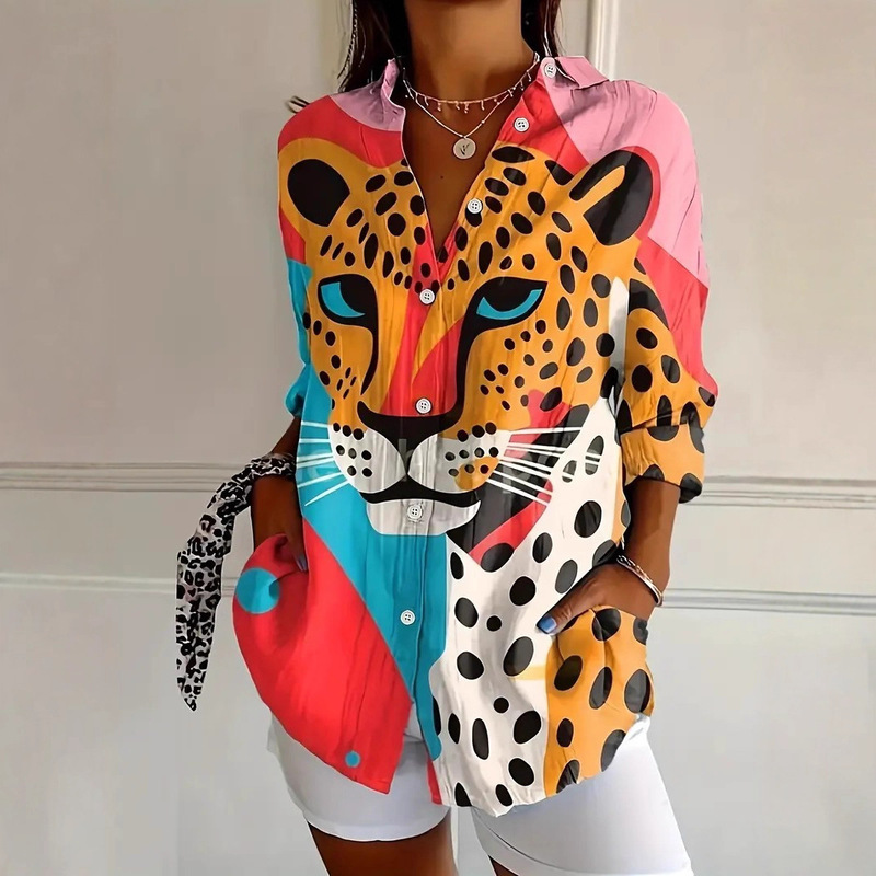 Independent Station Amazon Cross-Border 2025 Women's New Leopard Pattern 3D Printed Women's Long Sleeve Shirt