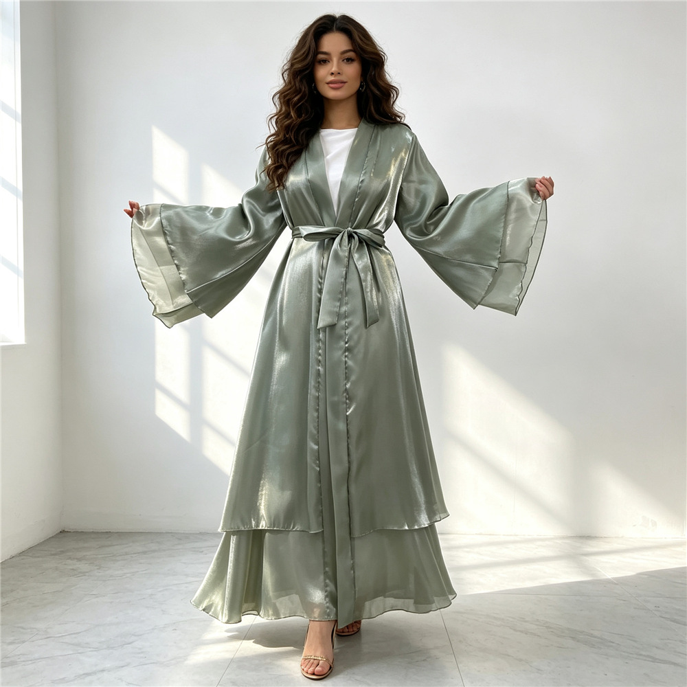 Cross-border fashion shiny satin 2-layer cardigan robe 1432
