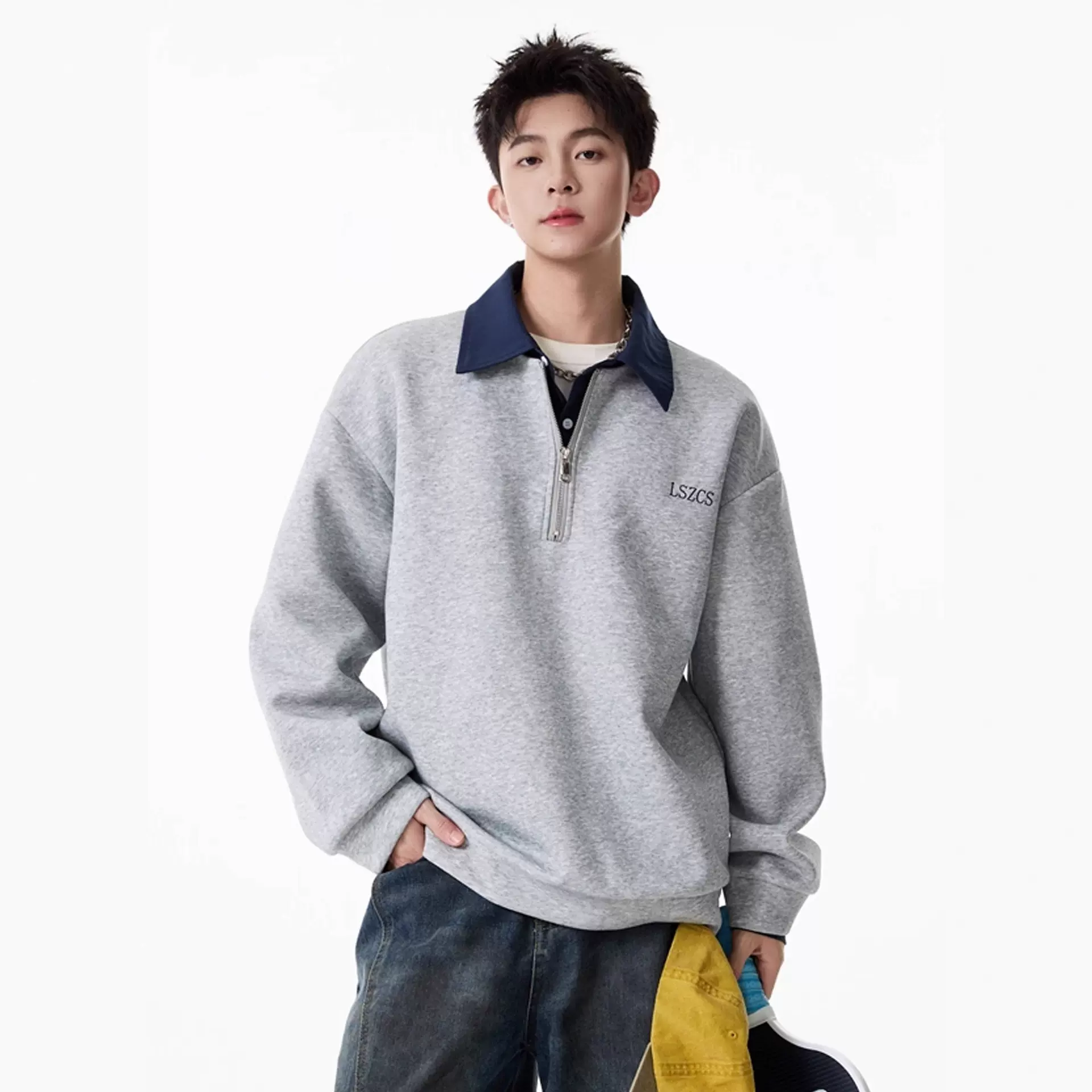 重磅假两件半拉链polo卫衣男女秋季学院风翻领套头宽松休闲上衣