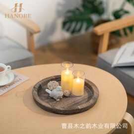 跨境木质装饰托盘做旧蜡烛台客厅复古咖啡托盘实木圆盘圣诞装饰盘