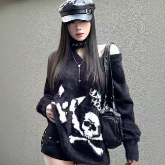Cross-Border Trade American Harajuku Subculture Punk Design Versatile Loose Skull Autumn and Winter Sweater Unisex Punk Style Cross-Border Trade American Harajuku Subculture Punk Design Versatile Loose Skull Autumn and Winter Sweater Unisex Punk Style