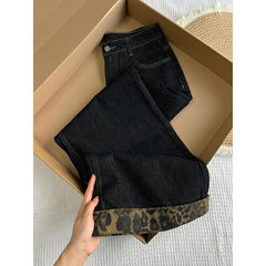 【新塘牛仔全店现货】美式黑色豹纹卷边阔腿牛仔裤女宽松直筒长裤