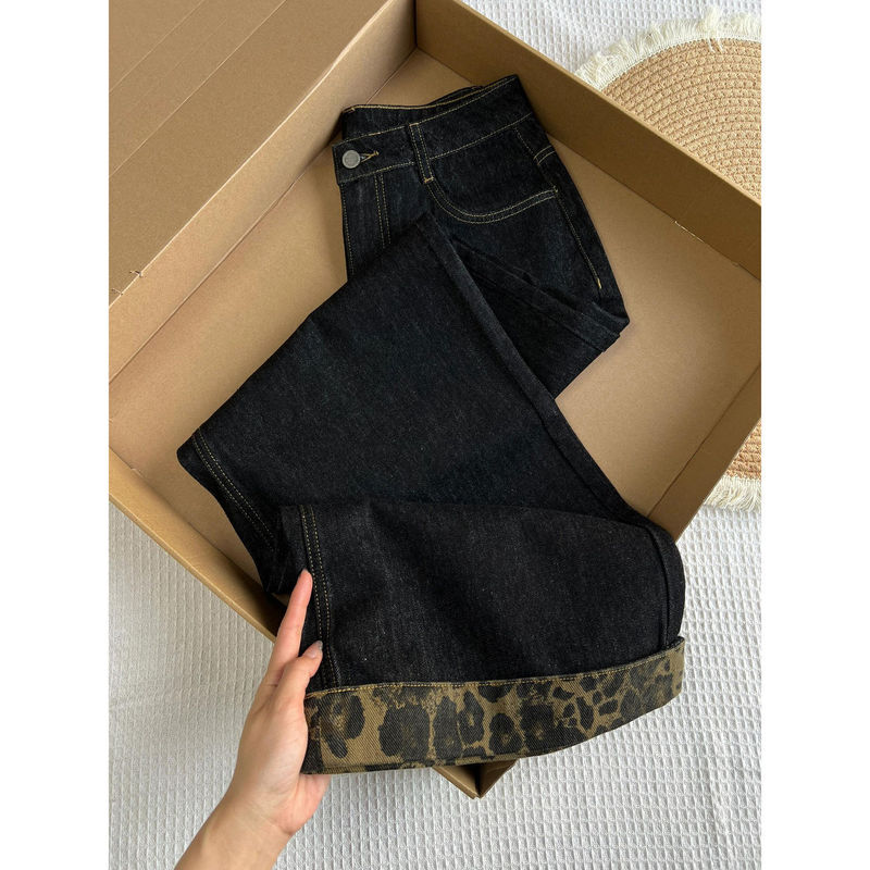 【新塘牛仔全店现货】美式黑色豹纹卷边阔腿牛仔裤女宽松直筒长裤|undefined