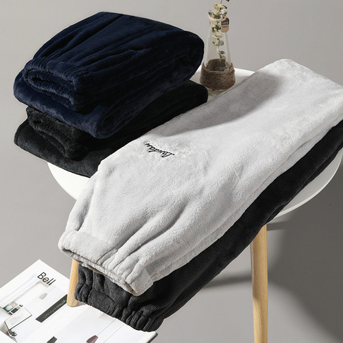 Winter Men's Pajama Set with Thick Plush Fleece Lined Coral Wool Warm Pajama Bottoms for Home Use Large Size Single Pajama