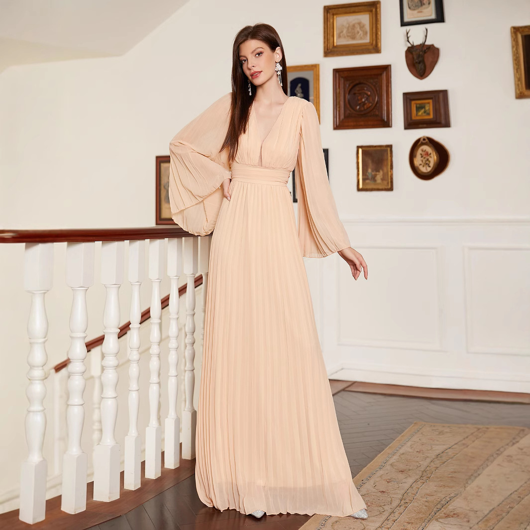 New European and American Cross-border Solid Color V-neck Amazon Banquet Long Elegant Slim Dress