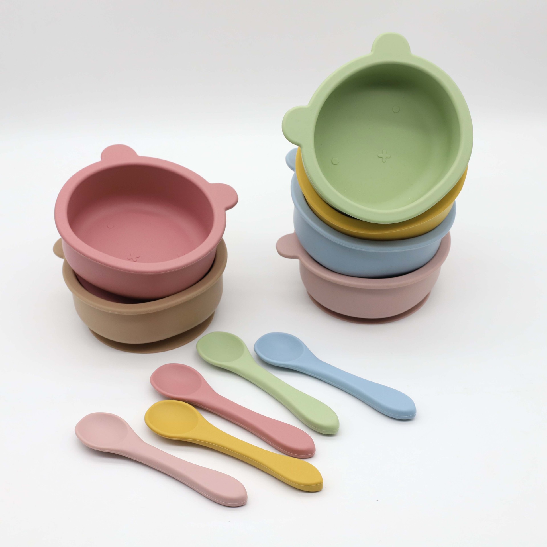 Ready-Made Food-Grade Kidsren's Silicone Long-Handled Spoon + Baby Bear Food Bowl Soft Food Spoon Resistant to High Temperature and Anti-Fall