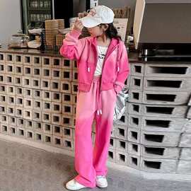 女童春秋套装2025新款中大童渐变拉链外套阔腿裤裤连帽休闲两件套
