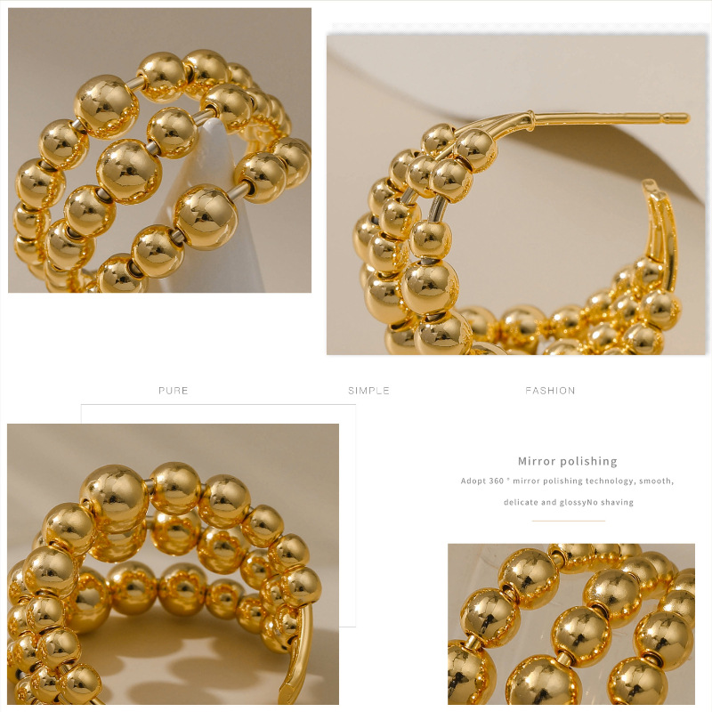 Boucles d39oreilles en forme de C en or vritable 18K plaqu cuivre de style rtro trois ranges de boucles d39oreilles en perles de mtalpicture8
