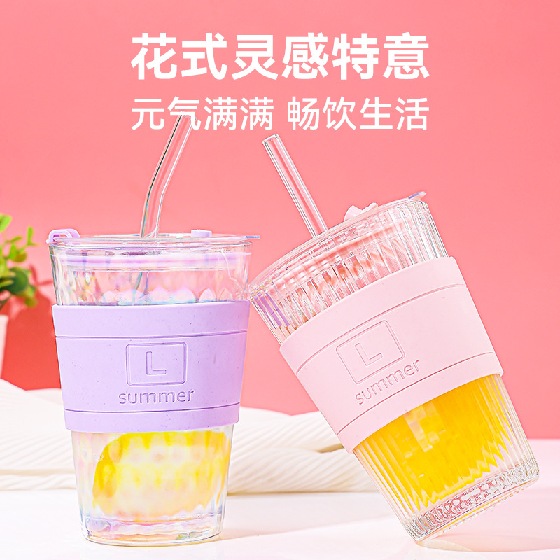 Insulated glass double straw cup, creative home use coffee cup, new office straw cup, high-end drinking cup