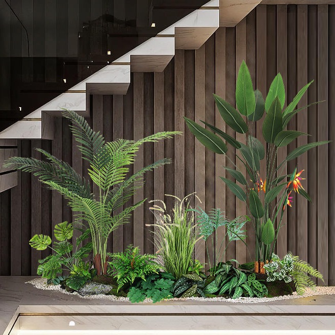 Simulación de interiores, plantación verde, paisajismo a gran escala, decoración de plantas, centro comercial, hotel, escaleras, decoración de piso de árbol falso