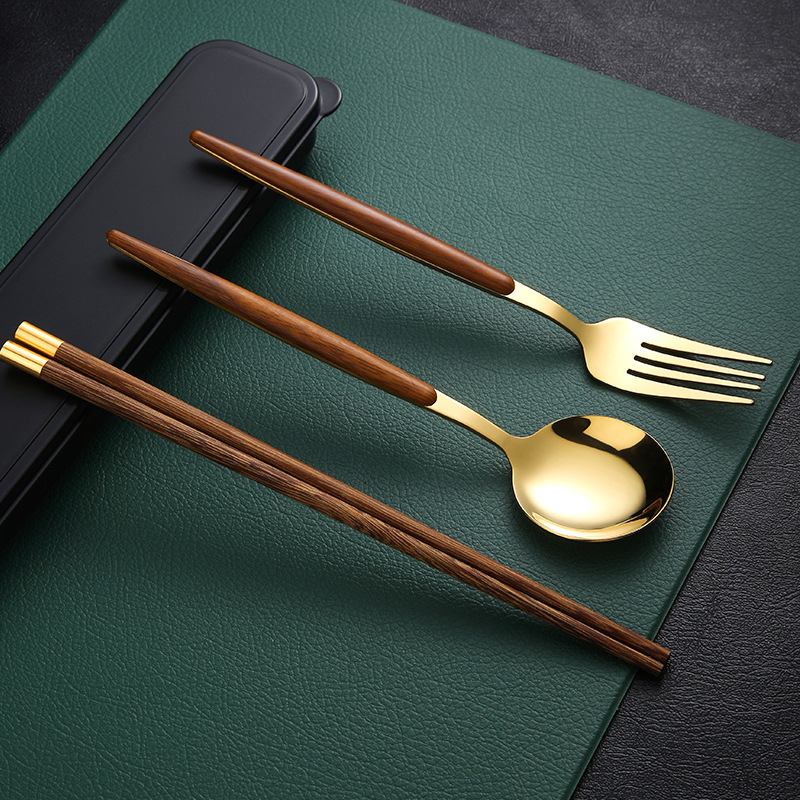 箸スプーンセット一人箸携帯食器学生収納ケースフォークシングル木製箸三点セット|undefined