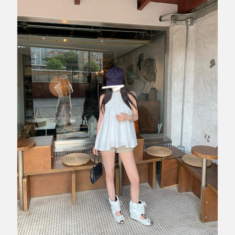 夏のゆったりとしたオフショルダーデザイン、シンプルでニッチ、多用途の女性用ホルターネックトップとベスト|undefined
