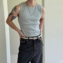 美式休闲健身运动跑步背心男款圆领拼接螺纹针织坑条无袖坎肩上衣