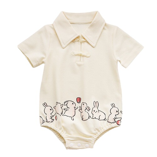 Different Chinese-style parent-child clothing 2024 summer a family of three whole set with little rabbit Polo shirts for mother and daughter dress