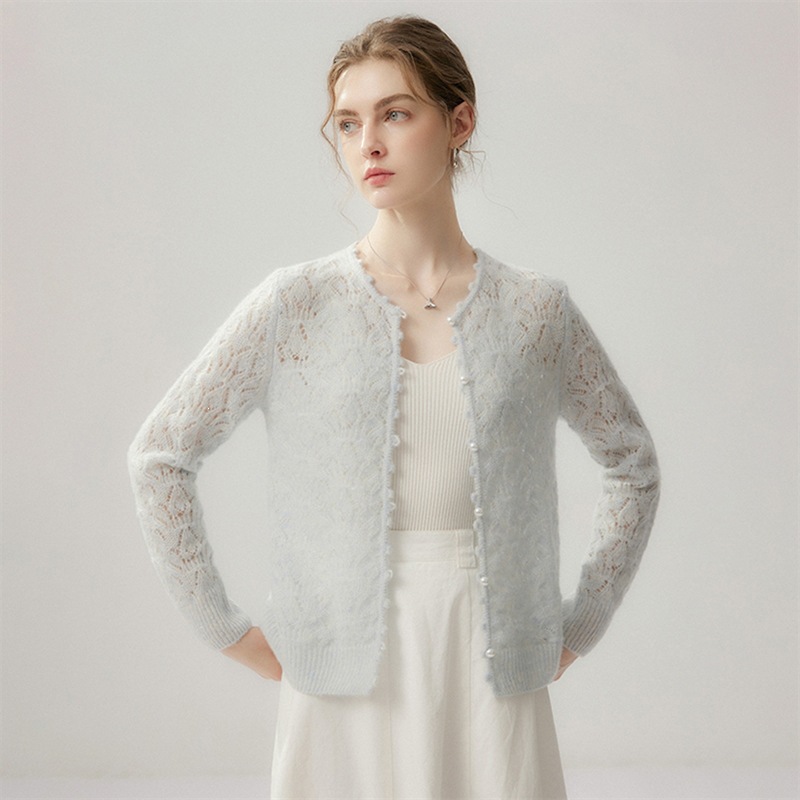 Cashmere autumn and winter seven-needle round-neck hollow-out solid color knitted cardigan jacket, versatile