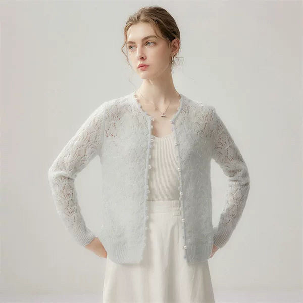 Cashmere autumn and winter seven-needle round-neck hollow-out solid color knitted cardigan jacket, versatile