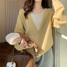 韩系高级感藏蓝色假两件毛衣女早秋新款慵懒风长袖法式针织衫上衣
