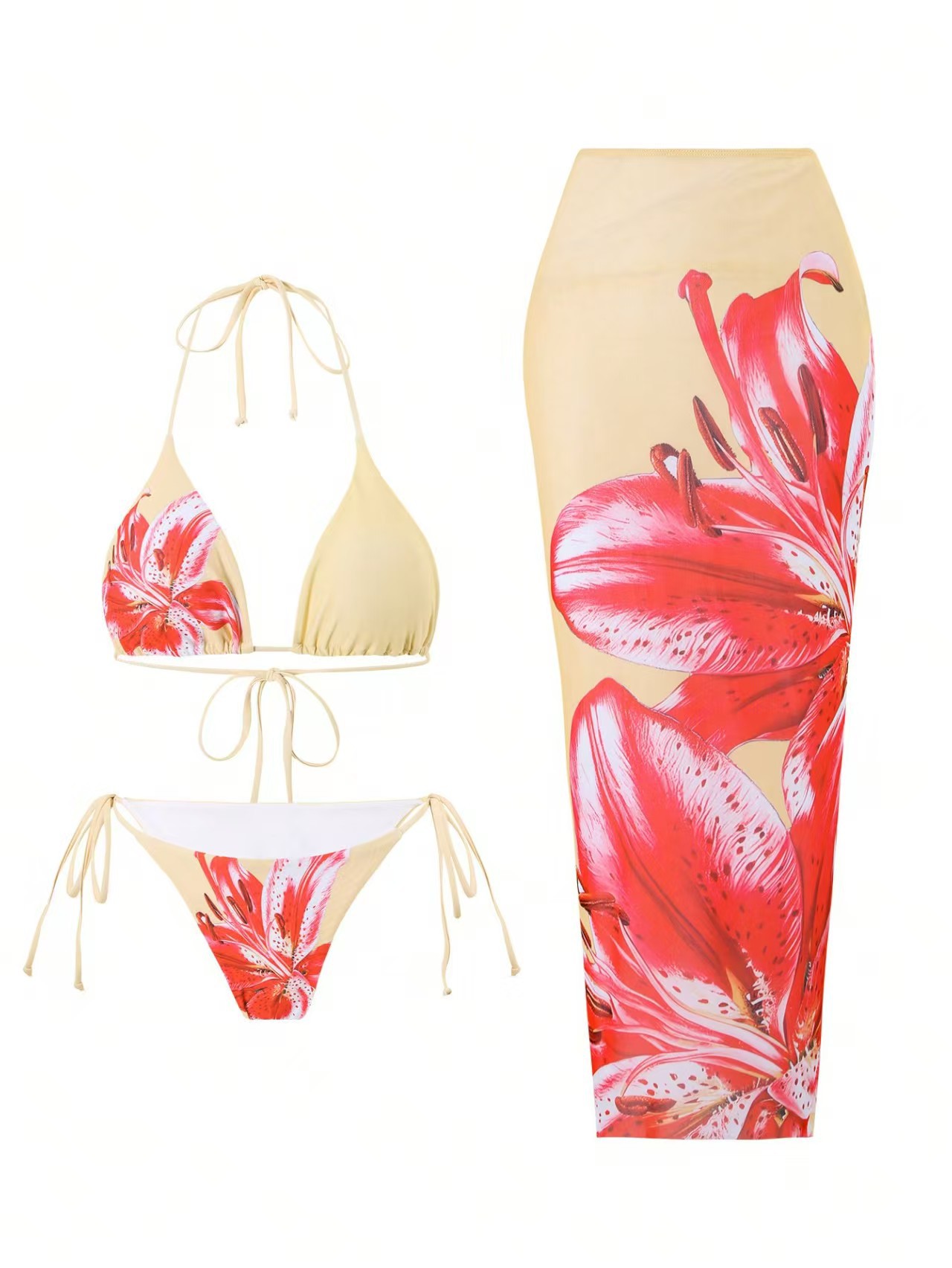 Women's Lily Print Three Piece Bikini Set With Wrap Skirt_voghion.com