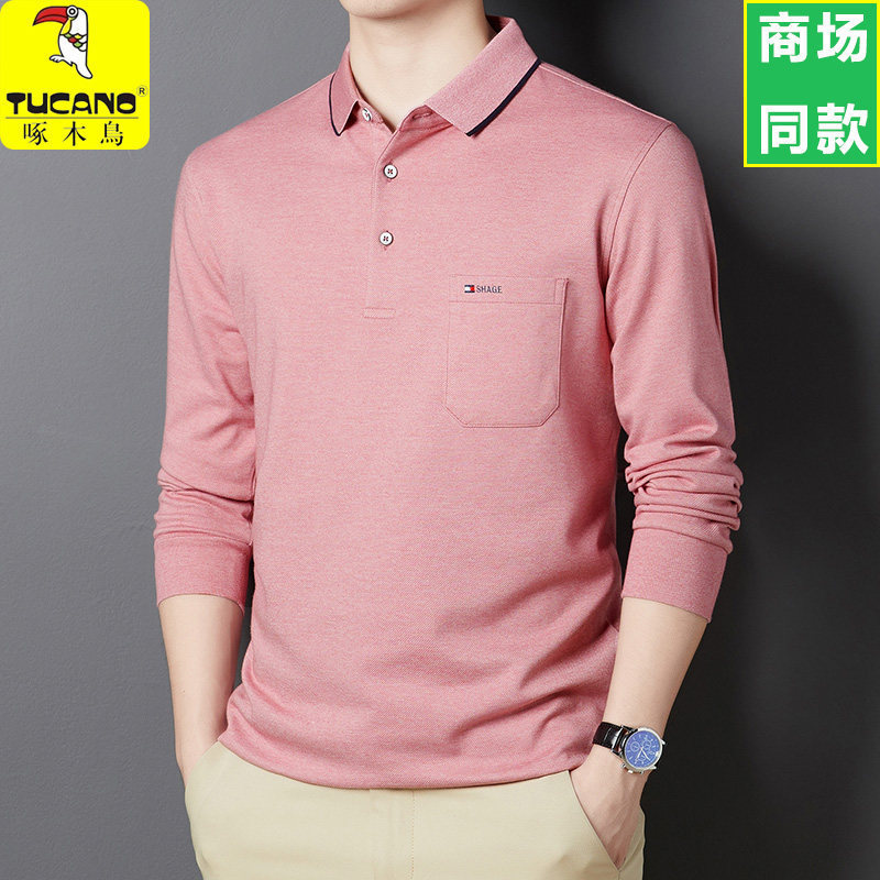 Woodpecker Dad Spring Clothing for Middle-Aged Men, Long-Sleeve T-Shirt with Real Pockets, Collared Loose-Fit Polo Shirt