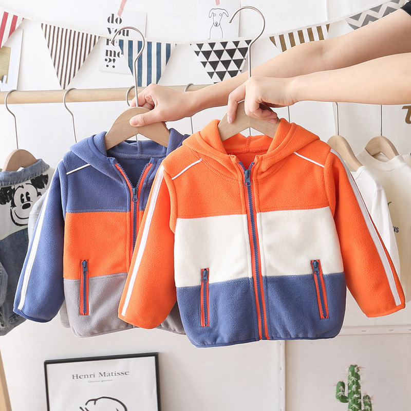 Winter new boys' thickened hooded jacket baby warm cotton-padded coat children's color matching polar fleece jacket