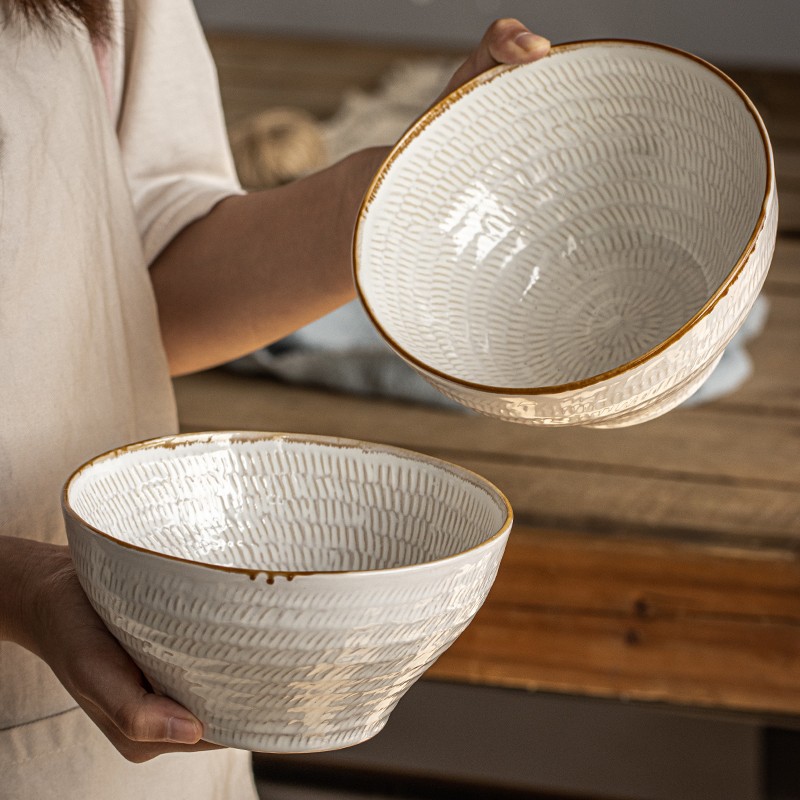 El tazón de fideos es justo ~ hilo japonés 6,7 pulgadas tazón de fideos retro pierna alta cerámica ensalada tazón sopa tazón ligeramente defecto