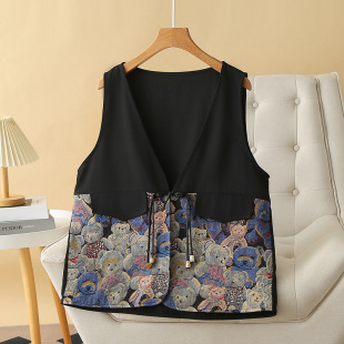 2024 spring and autumn plus size vest national style women's jacquard bear buckle 200kg chubby girl vest v collar vest 8268