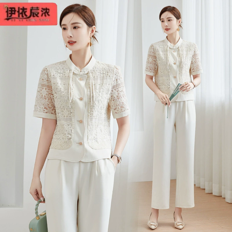 Темперамент китайский рубашка с короткими рукавами набор футболки женский 2024 летний новый средний возраст женская рубашка из двух частей