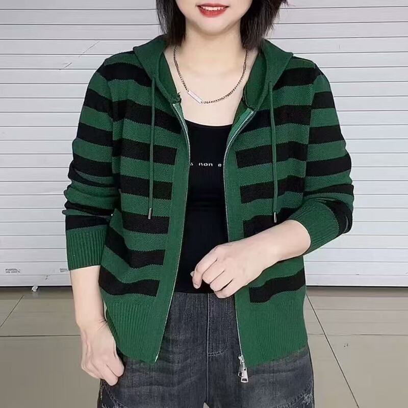 网红新款简约条纹印花气质减龄开衫宽松休闲连帽针织妈妈秋季外套|undefined
