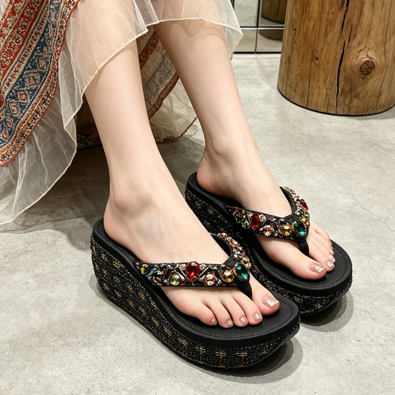 Colorful Diamond Thick-Soled Flip-Flops for Women, Summer Outdoor Wear, Black Sandals for Seaside Vacations, Height-Enhancing, Non-Slip Beach Shoes for Women, New Style Colorful Diamond Thick-Soled Flip-Flops for Women, Summer Outdoor Wear, Black Sandals for Seaside Vacations, Height-Enhancing, Non-Slip Beach Shoes for Women, New Style