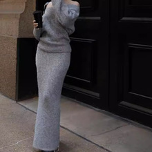 针织套装女2024秋时髦简约慵懒多穿一字领长袖毛衣+修身包臀长裙